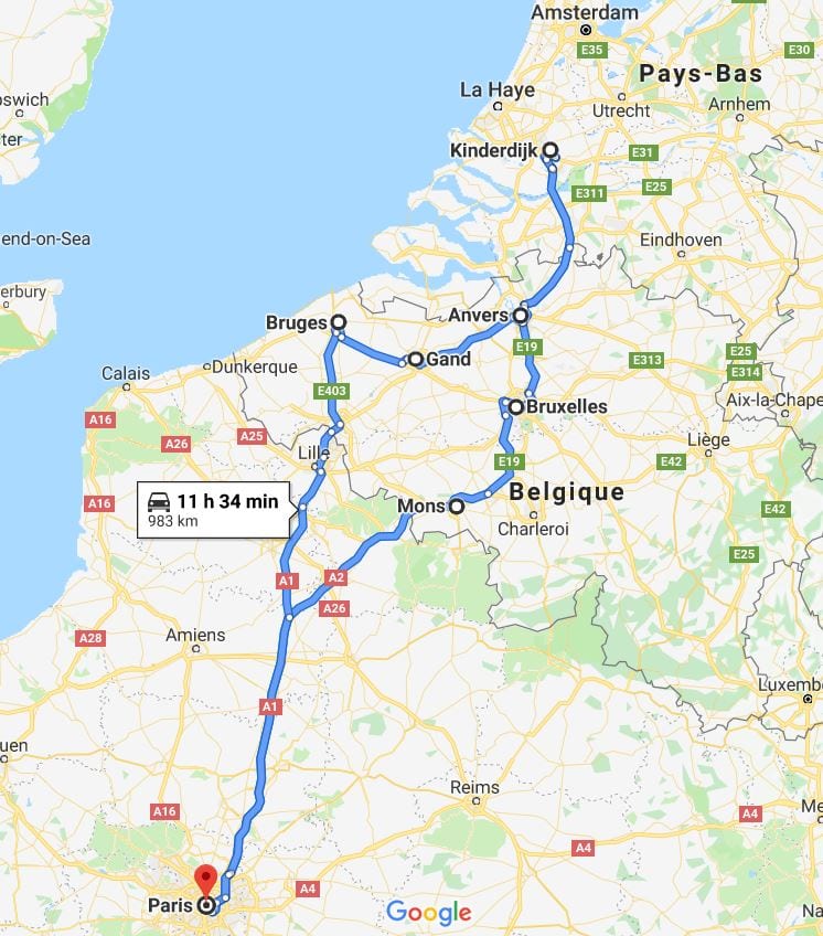 Mapa itinerario Road Trip Belgica Francia Holanda Europa con mascota perro Viajes Turismo Petfriendly